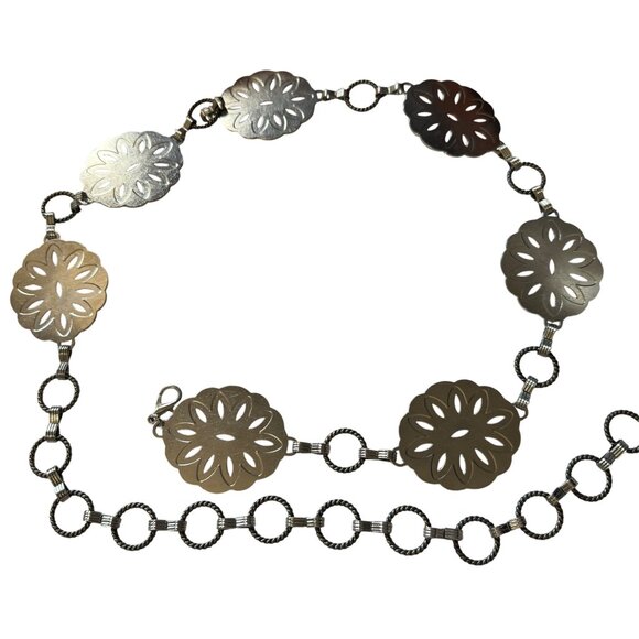 Western Style Chain Belt With Ornate Floral Medallions & Silver-Tone Finish 43” - Picture 3 of 5